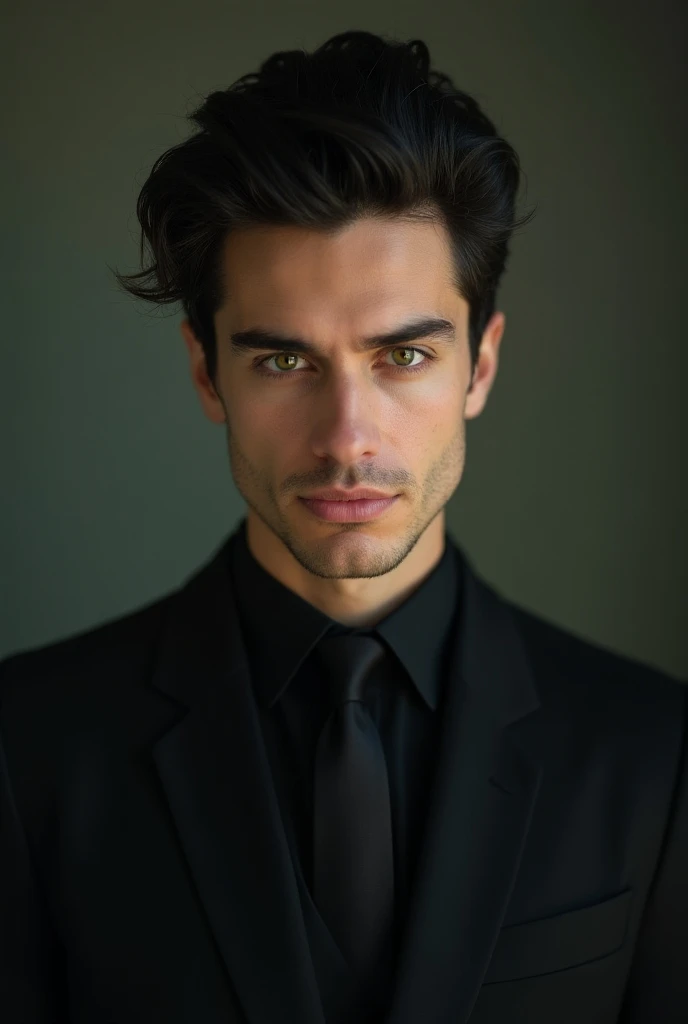 Man in suit with black hair combed back and green eyes 