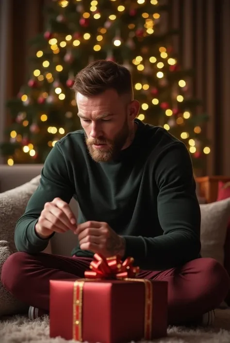  Create a hyper-realistic image of Conor McGregor opening the Christmas gift . Scene , In a room decorated with Christmas decorations  ,  It should include Conors expressions when opening the gift and details such as ornaments and decor in the background. ...