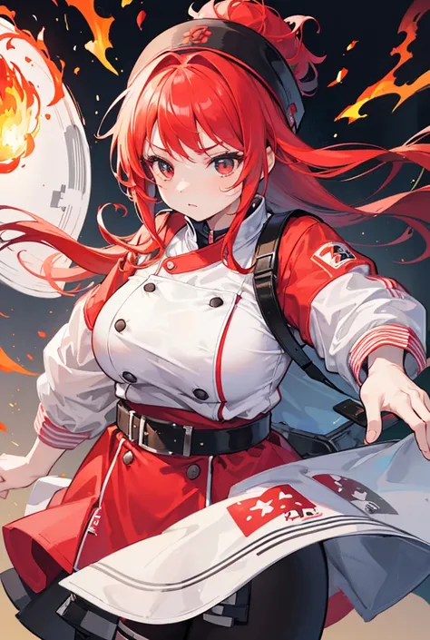 1girl, standing portrait, Central Focus, Centered, Fully in-frame, Solo, Standing still, zoomed out, Chubby

Gender: Female

Appearance: chubby chef girl with flame-red hair and a chef toque wearing a 5-star chef clothing with a fiery jacket and utility be...