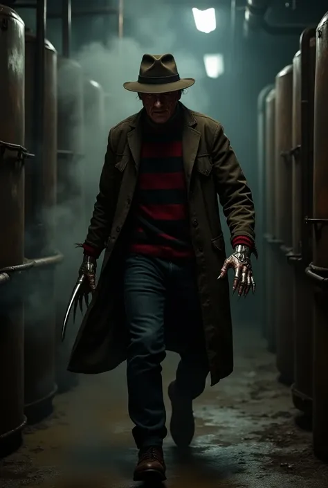 (photorealism:1.2), freddy krueger, wearing a fedora hat, long tattered jacket, with red and black striped jumper underneath, his right hand has a metalic glove with long metalic finger nails extending from it, walking amongst a claustrophobic and dark, in...