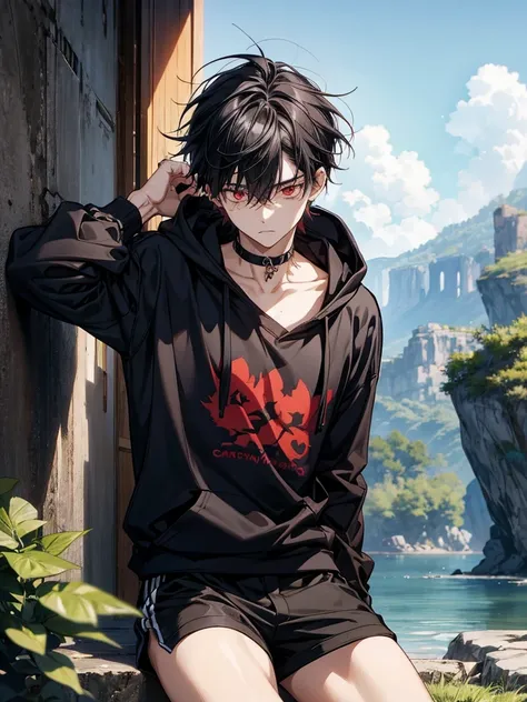 a anime boy with red eyes, black wavy short hair. he thin. he is male wear black hoodie. His hair is thick and full of volume, giving off a slightly messy yet effortlessly cool vibe, short hair. sexy boy. and wearing a necklace and black chocker and wearin...