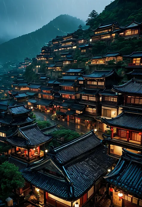 arafed view of a village with a lot of lights on the buildings, dreamy chinese town, chinese village, amazing wallpaper, japanese town, japanese village, hyper realistic photo of a town, old asian village, japanese city, by Raymond Han, rainy evening, cybe...