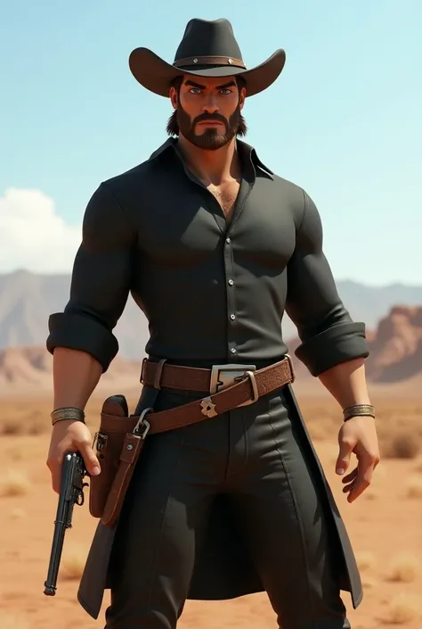 A brown-haired and blue-eyed male cowboy , wearing black cowboy clothes and black Stetson hat ,  holding a single-action colt revolver in his right hand, in 3d animation style