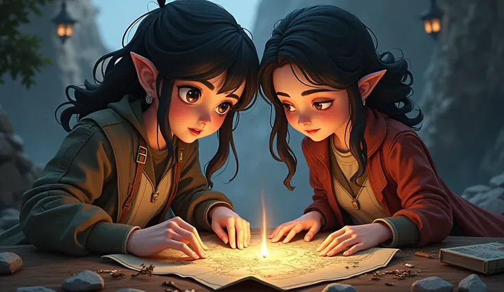 Warrior Arda ,  is filled with expressions of courage and determination as the ghost hunter Lila and the daughter of the sages Elif ,  gathered around an ancient map ,  carefully examine the map; Draw in animation style but realistic.