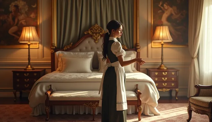 a maid in a specific room ,  observing the details around her with admiration .  She looks at the silk cushions ,  a thick and elegant carpet , and works of art on the walls ,  absorbing the luxurious ambience .  She seems both amazed and technical ,  as i...