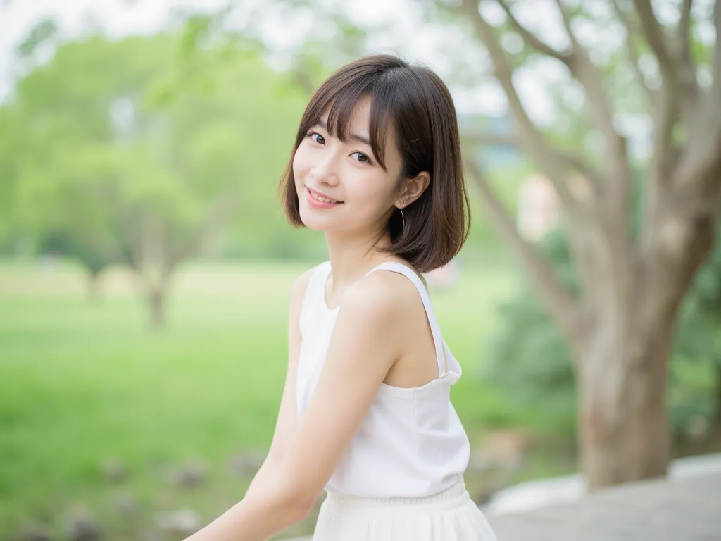 japanese、woman、 short hair、smile、profile、white colored clothes、 tank top 、 miniskirt