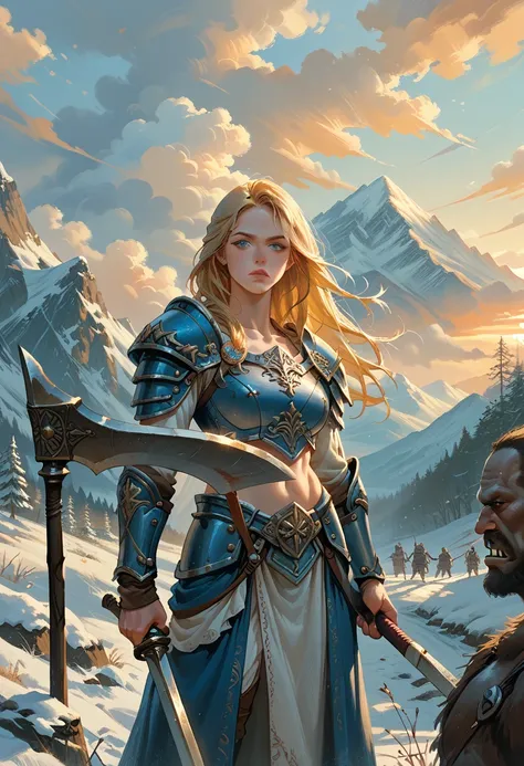 long blonde hair, white skin, warrior princess, wearing blue armor, holding long sword, and viking warrior wearing broken armor, holding axe, surround by horde of orc, in snowy mountain at sunset.