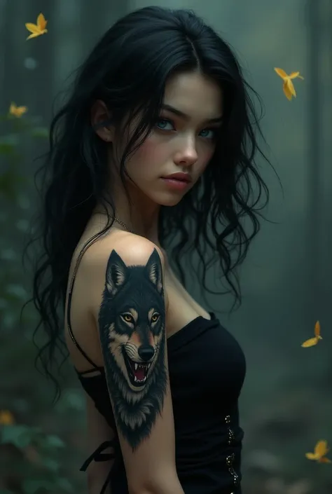  A sexy teenager with an unnatural power , her hair is black and her eyes are blue Navy,She has a tattoo of a wolf on her left arm  