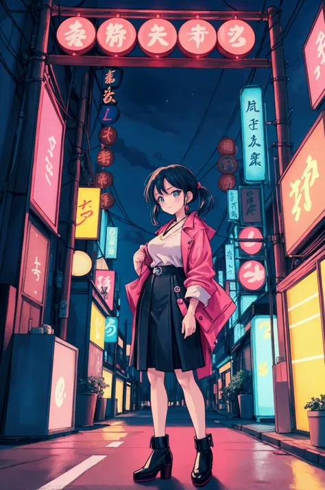 A vibrant Japanese city pop scene at night, inspired by the art style of Yoshihiro Togashi. A stylish, pop-inspired woman stands beside a Porsche with a neon-lit urban nightscape in the background. The atmosphere is colorful and nostalgic, capturing the es...