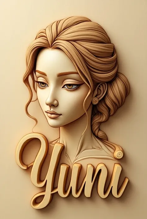 Yuni carved in wood with cursive lettering 