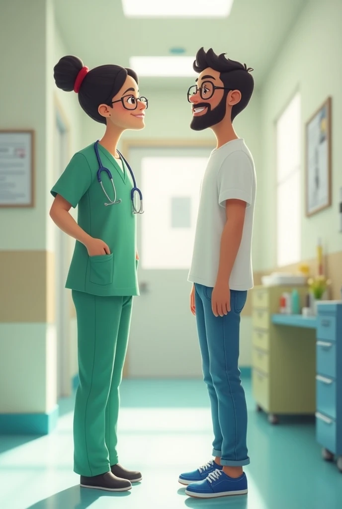 Cute short Indian doctor with green scrub suit and wearing a oversized round glass and a Chinese hair bun speaking with normal height Indian guy with white tees and denim jeans wearing blue shoes and without wearing glass