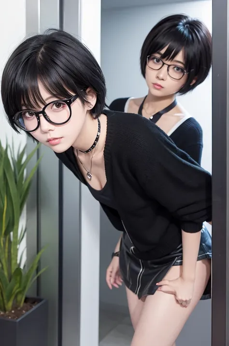 Round glasses short cut anime black hair miniskirt