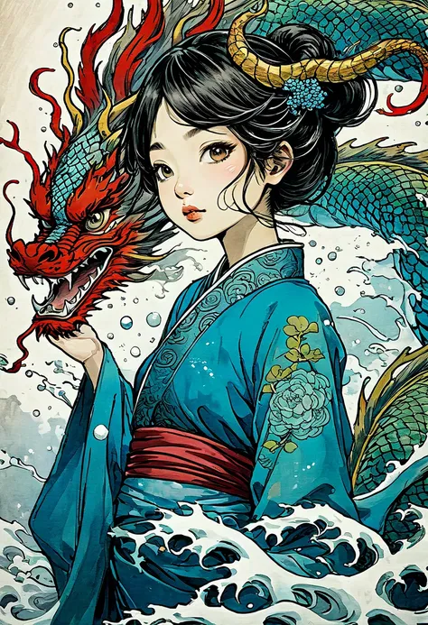 {{{{{illustration}}}}},by yuko shimizu,1girl,chinese dragon,chinese girl,female focus on, {{color ink wash painting}},{{ink spla...