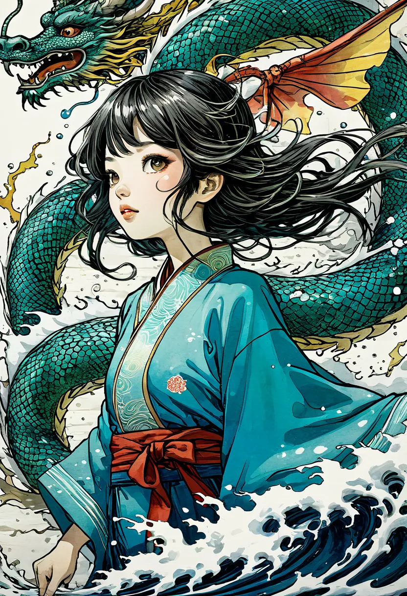 {{{{{illustration}}}}},by yuko shimizu,1girl,chinese dragon,chinese girl,female focus on, {{color ink wash painting}},{{ink spla...