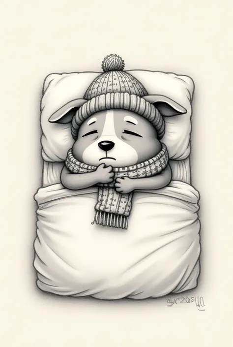  Pencil drawing 
The sad dog got sick,  lies in bed wearing a hat and scarf ,sadly ,
cartoony