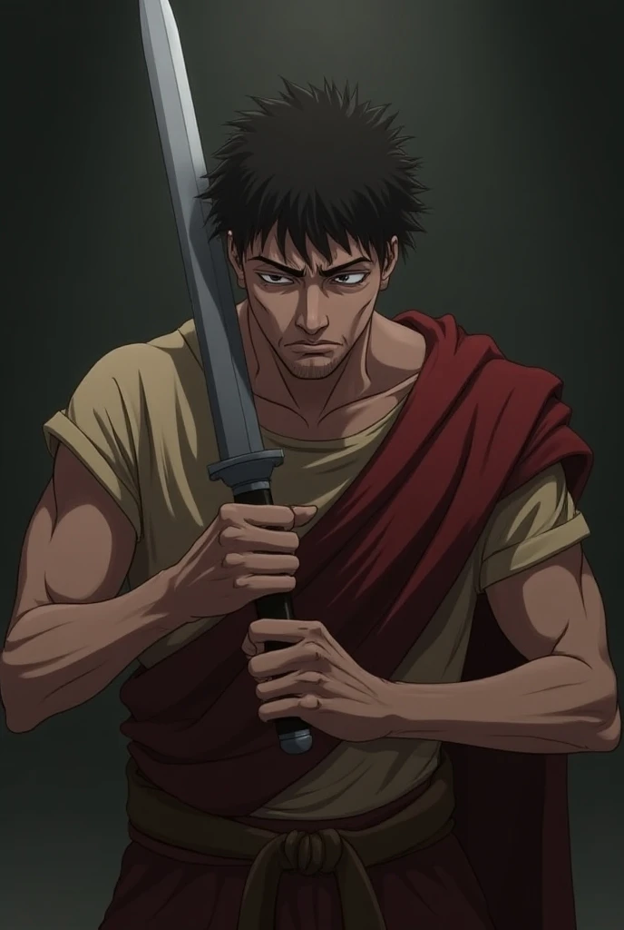 man, one person, anime style, western man, crying, hesitating, Holding the knife with both hands as if to stab something, cry, full of doubt, facing forward, sad expression, Wearing simple clothes of Roman soldiers