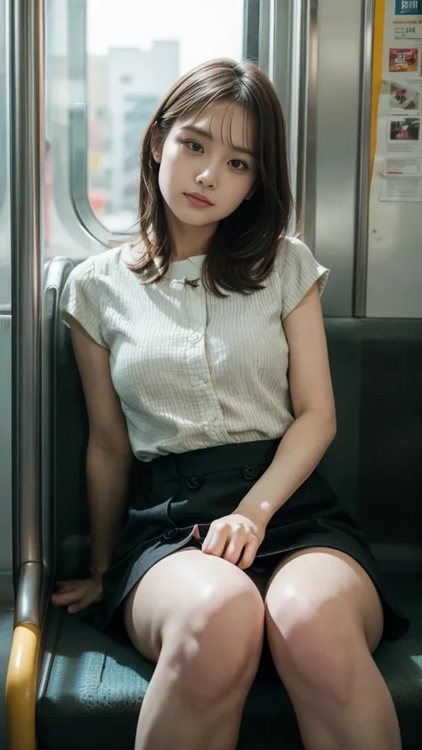 (masterpiece, Highest quality, 8K, RAW Photos, beautifully、aesthetic:1.2), Intricate details, indirect lighting, Realistic, whole body, Sitting on a chair on the train、Staring at the viewers、Voyeur、 Square neck button-down linen sundress, (Ultra-realistic ...