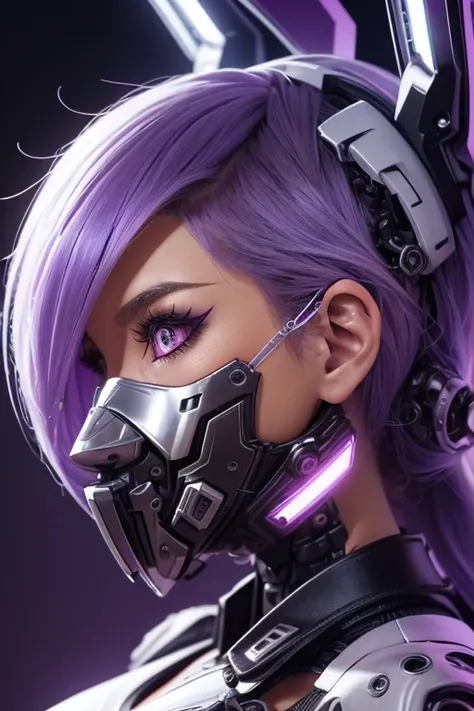 Futuristic attractive woman ,colour contact lens,
STEEL BODY ARMOR ,  WHITE CYBORG PROTECTOR ,  futuristic LED-illuminated wolf ear headgear,High Tech Accessories,(futuristic Hi-tech cool face mask:1.3),break,(A profile of a face facing forward, taken from...