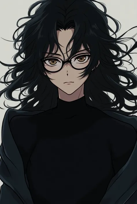  A close up of a person wearing a black shirt and black pants, with his long black hair ,  handsome guy in the art of demon slayer, handsome androgynous prince,  long unkempt black hair , with long dark hair,  Detailed long black hair  , by Yang J, Handsom...