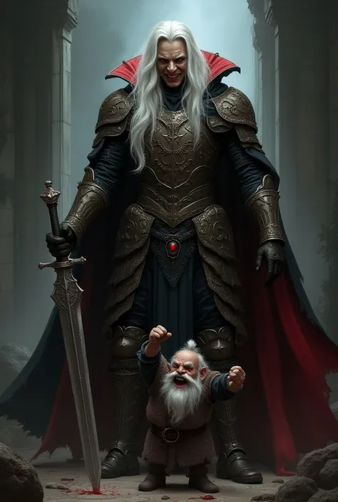 Vampire man with armor and long white hair, smiling and with blood in the mouth,  dwarf holding a sword