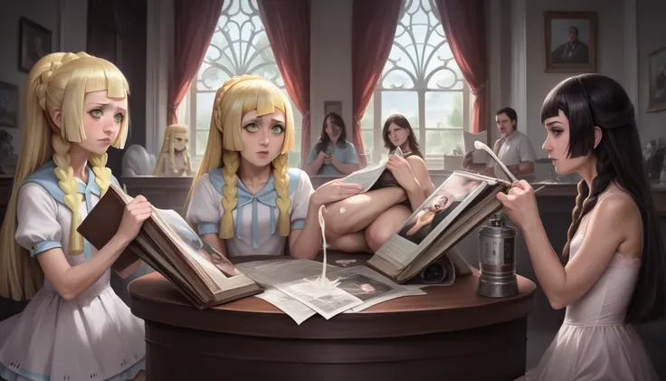 (Lillie from Pokémon:1.6), (best quality,4k,8k,highres,masterpiece:1.2),ultra-detailed,(realistic,photorealistic,photo-realistic:1.37),1girl,a girl from the family,orgy,massive orgasm,coitus,white stockings,lolita socks,sneakers,lace bra,slave style,sexy d...