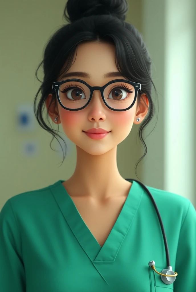 Beautiful Short Indian doctor with green scrub suit and wearing a oversized round glass and a Chinese hair bun