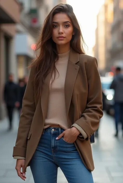 a slim and toned brunette muslim moroccan influencer girl, she is 30 years old, brown skin, loose side swept long brown hair, brown eyes, soft round face, skinny jeans. standing, outside, city,