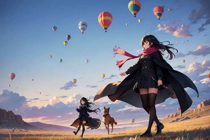 High image quality, high resolution, smooth gradation, vivid colors, A clear, Dry grass field with morning mist and lots of hot air balloons taking off, a scarf, a black cloak, a black student uniform, black stockings, black lace-up shoes, black hair, a hi...