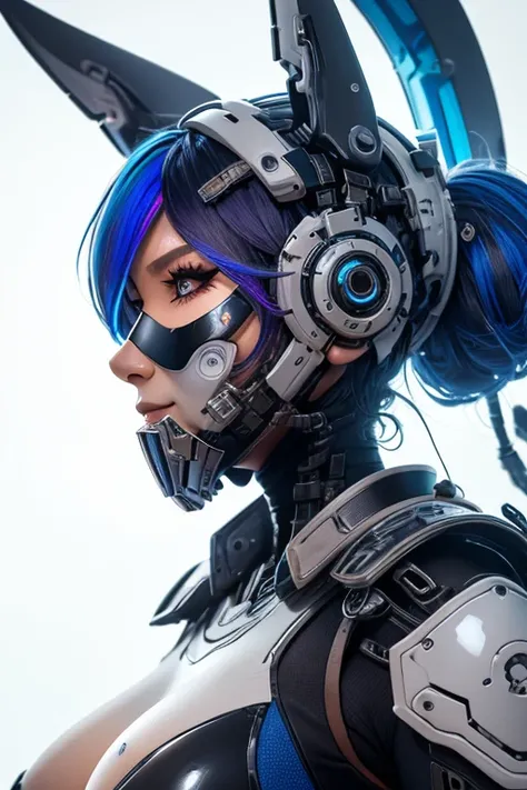 Futuristic attractive woman ,colour contact lens,
STEEL BODY ARMOR ,  WHITE CYBORG PROTECTOR ,  futuristic LED-illuminated wolf ear headgear,High Tech Accessories,(futuristic Hi-tech cool face mask:1.3),break,(A profile of a face facing forward, taken from...