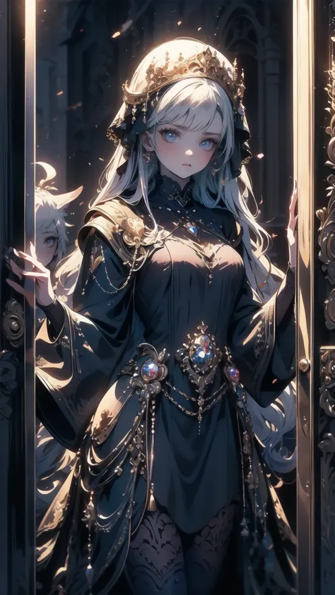 Opening the door to a dark fantasy world, Extending beyond the door、Dazzling fantasy world, Overly bright background lighting, Transparent holographic lighting permeates the interior, Colorful lights add color to the background, Avoid becoming completely s...