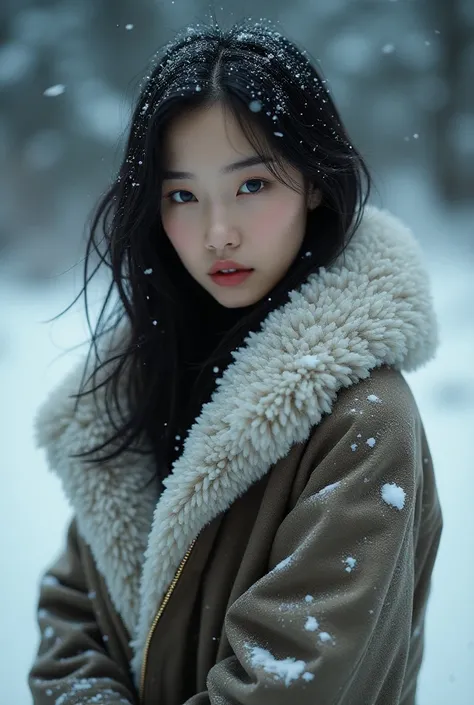 Naked asian woman wearing jacket in snow

