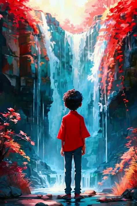 arafed boy in a red shirt standing in front of a waterfall, ayan nag, riyahd cassiem, water fall, reyyan, with a waterfalls, next to a waterfall, standing near a waterfall, with waterfalls, waterfall in the background, standing in front of a waterfall, wat...