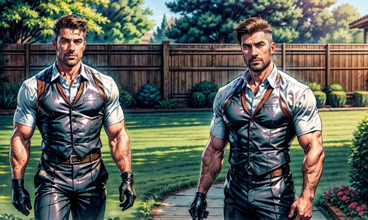 2 attractive adult men, father and son. Wearing masculine work clothes, shirt and working pants, working gloves. flirting with you. Doing yard work. Nice yard in the background.