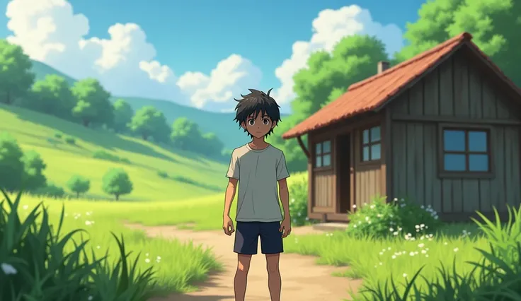 Visual Prompt**: *" A young man in a modest small village ,  wearing a shabby T-shirt and shorts . This young man has mature palm skin ,  with straight black hair is a little messy .  He stands in front of a simple wooden house against the backdrop of a gr...