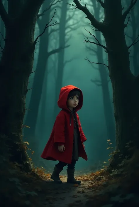 Scared Little Red Riding Hood looking for the hunter