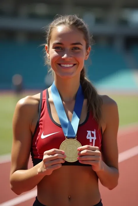 Closing shot of Maria smiling, holding her medal at track racing stage look like real natural young woman age between 23 to 28