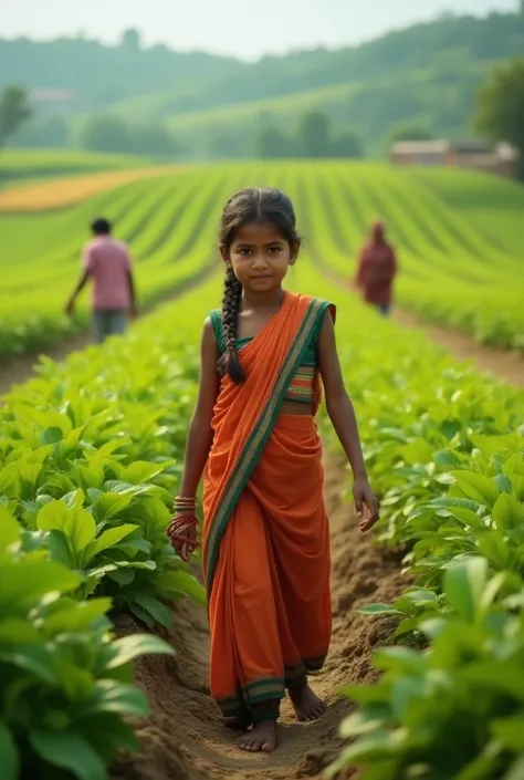 An indian girl working in field with her parents