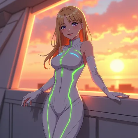 anime, female, young adult, in her early twenties, white form-fitting suit that covers the entire body except arms, futuristic, green lines, accentuated crotch, hourglass figure, sleeveless, Bare exposed arms, futuristic home, visible outlines of groin, lo...