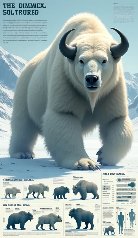 Ultimate evolution hybrid animal, in infographic data, unusual artic polar Bear fusion with byson