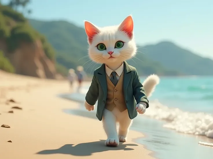  a sophisticated cat , White-haired , and green eyes, dressing elegantly,  strolling along the beach realistic image 4k 