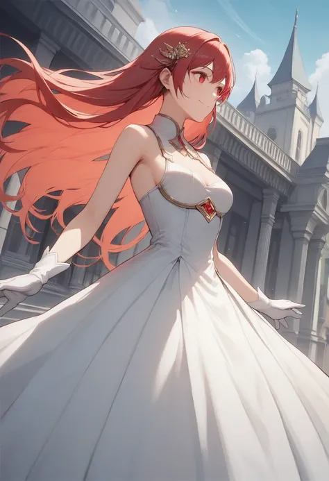 ((masterpiece, best quality )), 8k,1 ,  long hair,  red hair, Alone, dress,  Red Eyes, looking at the expected, without clothes, standing, building, white dress, gloves, hair ornament,  without bra , smile,  Floating hair,  Dutch angle , Closed mouth,  loo...