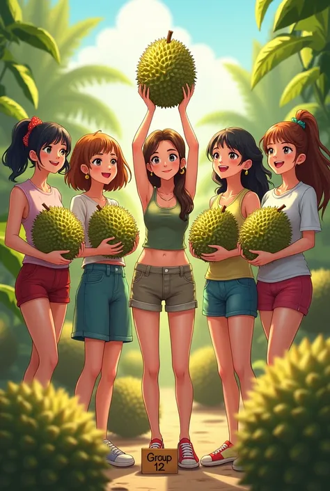  a picture of 6 girls holding durian fruit,  is the name plate that shows  "group 12 "