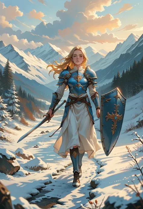 long blonde hair, white skin, warrior princess, wearing blue armor, holding long sword and shield, in snowy mountain at sunset, walking forward.
