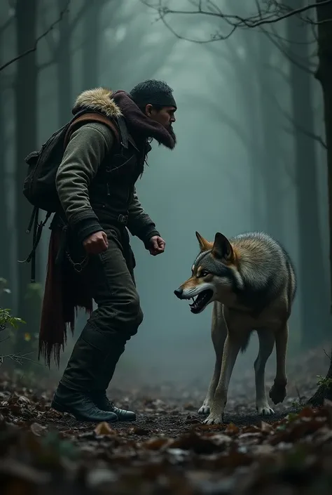 Hunter scaring away the wolf