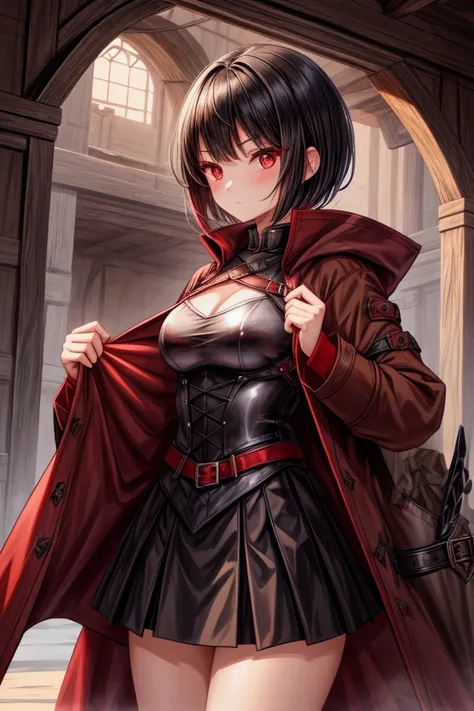 1girl, solo, short hair, black hair, red eyes, warrior style outfit, brown coat, Middle Ages style, black skirt,