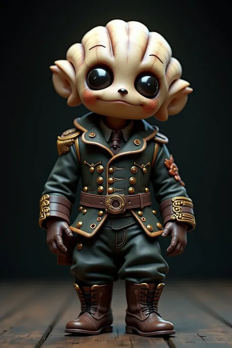 generate images of kawaii chibi character of (shell head) zany scarecrow with a horror fantasy theme,(hands on hips:1.5),clothes must be highly intricate military style , elegant, and visually striking, highly detailed leather boots, resembling digital pai...