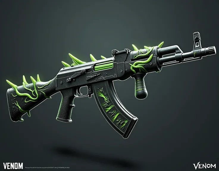 I need you to generate an upgradable skin for the assault rifle AK-47 for PUBG mobile PDP design contest. I want this skin in venom style, but make It very detailed and revolutionary, that shows basic appearance, advanced form and final form, just like in ...