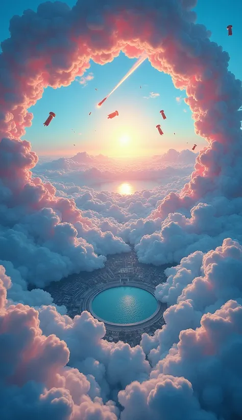 World above the clouds、 Scenery seen from above  、  City and round lake seen through clouds 、Beautiful comet 、 Stunning views 、colorful、4K、Super detailed、  super resolution that completely covers the torso、  、Swirling Clouds、The Sun in the Center 、  Fallin...