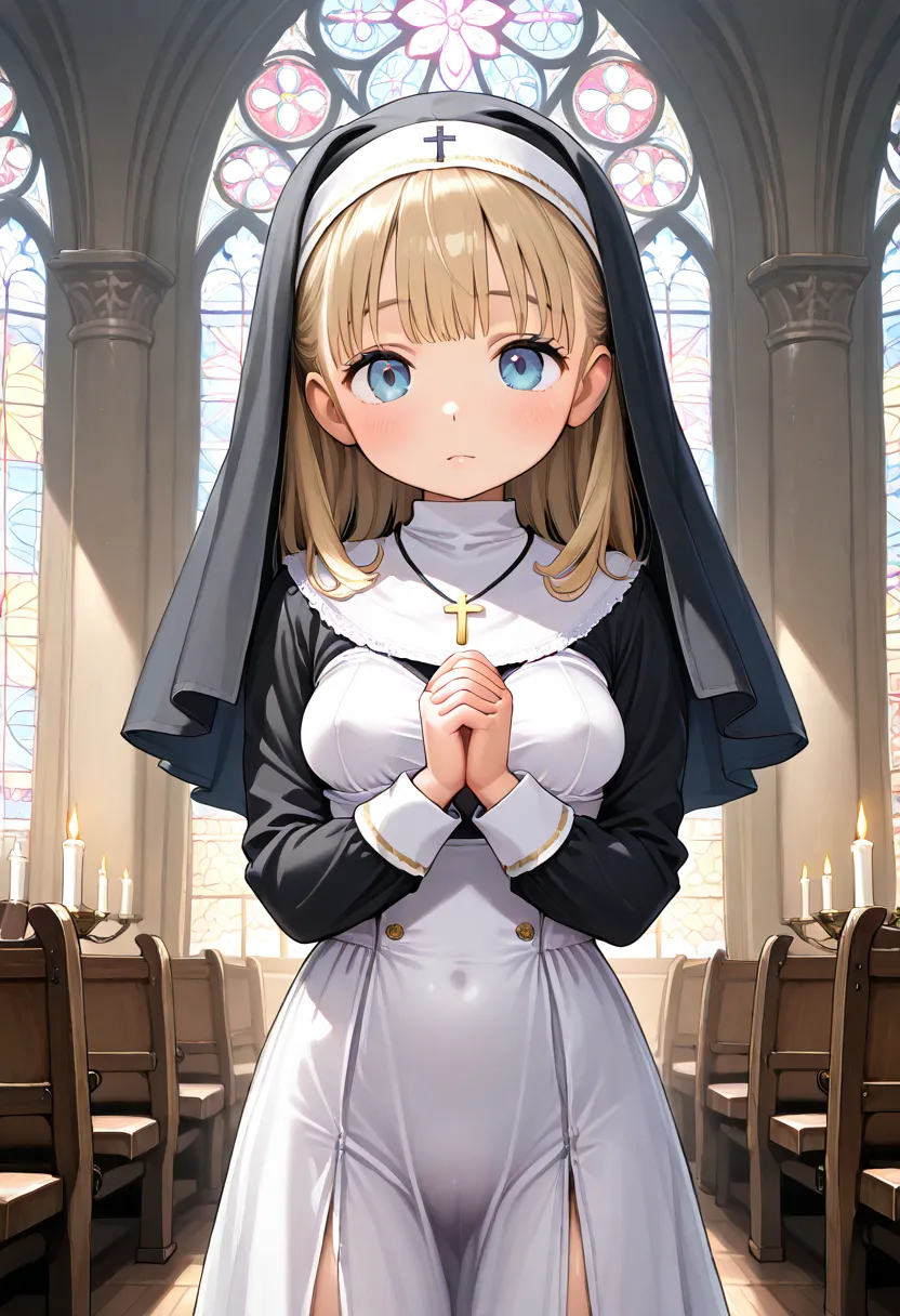 breasts, 1girl, own_hands_together, blonde_hair, jewelry, stained_glass, blue_eyes, interlocked_fingers, hands_clasped, nun, han...