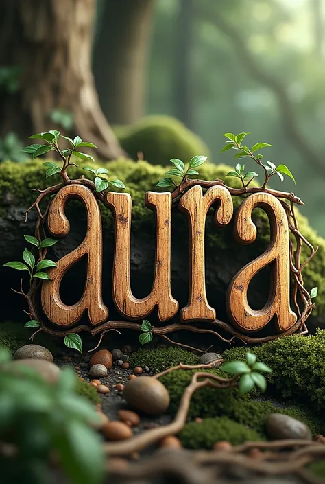 Create a handwritten for the word AURA, made of wood and vines , intricate details, highly detailed, feminine